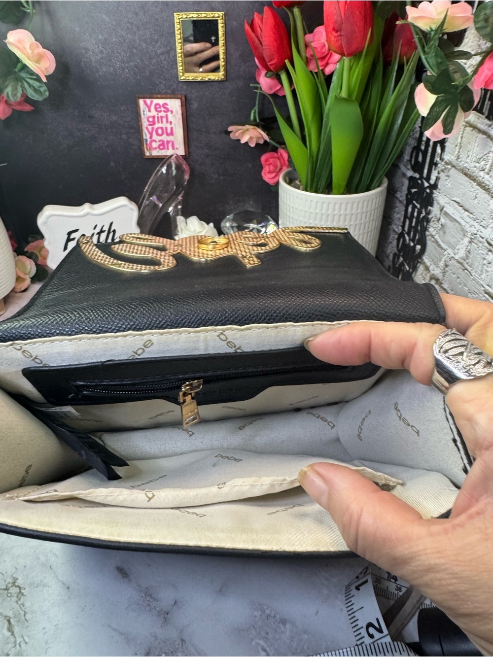 bebe Black Crossbody Bag with Gold Script and Chain - Picture 7 of 13